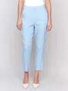 Charlie B Stretch Linen Blend Pants With Cuffed Hem In Blue In Blue