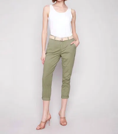 CHARLIE B STRETCH TWILL SLIM LEG WITH BELT PANT IN CELADON