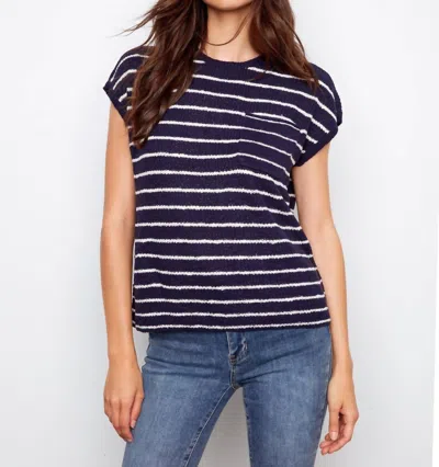 Charlie B Striped Cap Sleeve Knit Top In Navy In Blue