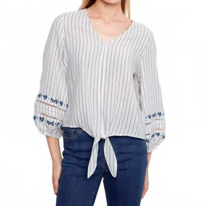 Charlie B Striped Embroidered Sleeves Cotton Blouse In Lapis In White