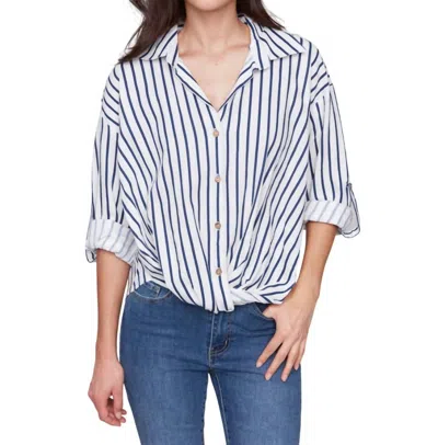 Charlie B Striped Linen Blend With Front Twist Detail In White