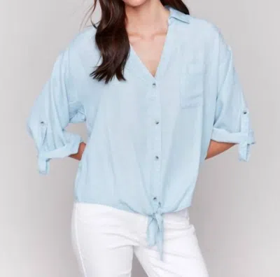 Charlie B Tencel Button-front Blouse With Front Tie In Chambray