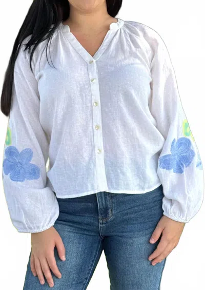 Charlie B The Cannes Balloon Sleeve Top In White In Blue