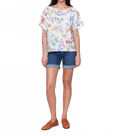 Charlie B Utopia Print Linen Short Dolman Sleeves Top In White In Blue