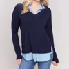 Charlie B V-neck Fooler Shirt Collar Sweater In Navy In Blue