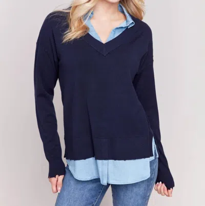 Charlie B V-neck Fooler Shirt Collar Sweater In Navy In Blue