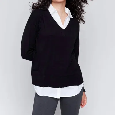 Charlie B V-neck Fooler Sweater With Shirt Collar In Black/white In Multi