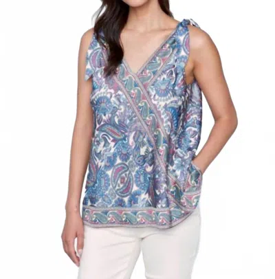 Charlie B V-neck Knot On Shoulder Top In Light Blue