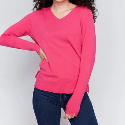 Charlie B V-neck Long Sleeve Basic Sweater In Magenta In Pink