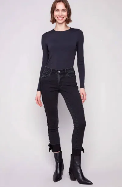 Charlie B Velvet Bow Slim Leg Jeans In Charcoal In Pink
