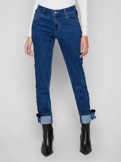 Charlie B Slim Leg Jeans With Velvet Bow In Indigo In Blue
