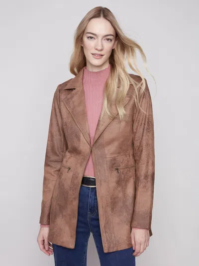 Charlie B Vintage Texture Faux Suede Long Jacket In Truffle In Brown