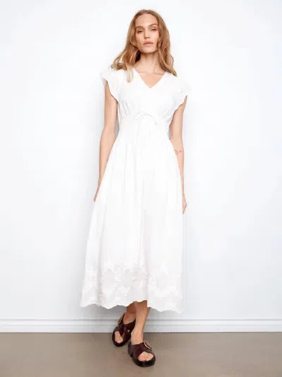 Charlie B V-neck Elastic Waist Dress With Ruffle Cap Sleeve In White