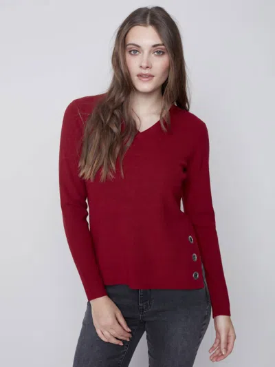 Charlie B V-neck Sweater With Side Slits In Ruby In Pink