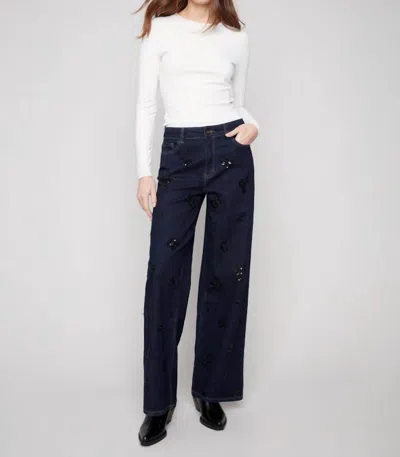 Charlie B Wide Leg Sequin Embroidered Jeans In Deep Blue