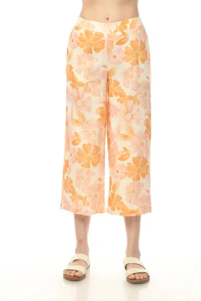 Charlie B Women's Pull On Printed Linen Stretch Pants With Elastic At Back Waist In Orange