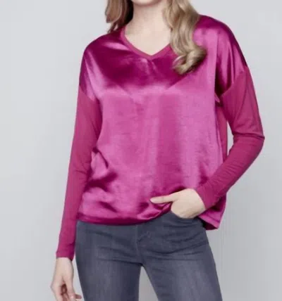 Charlie B Satin Jersey Knit Top In Mulberry In Green