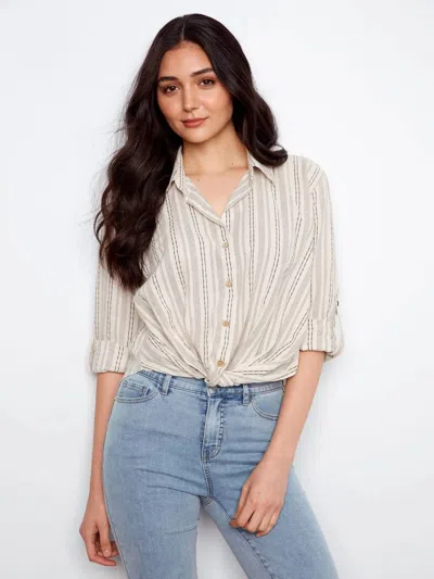 Charlie B Yarn Dye Stripe Twist Front Shirt With Roll Up Long Sleeves In Fog In Neutral