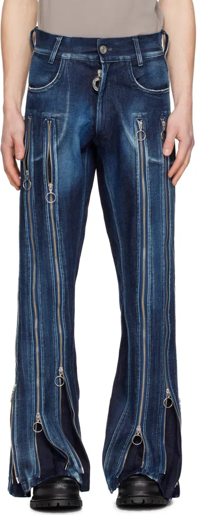 Charlie Constantinou Blue Adjustable Fit Zip Jeans In Washed Indigo