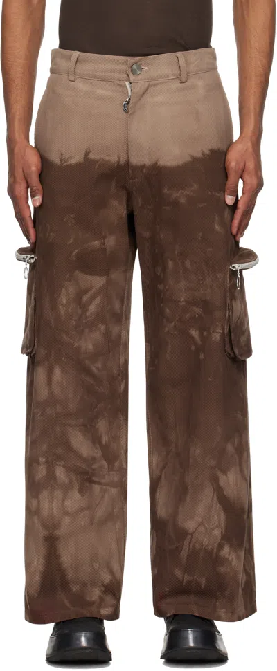 Charlie Constantinou Brown Multi Pocket Cargo Pants In Beige/brown (dip Dye