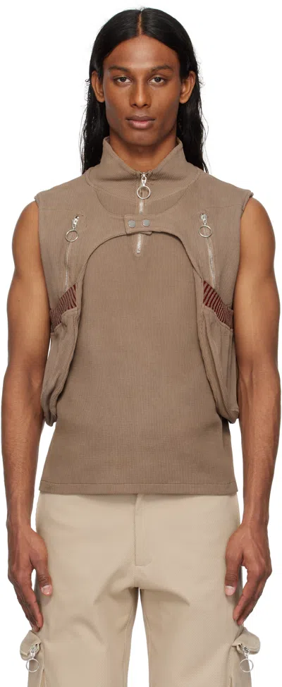 Charlie Constantinou Brown Waffle Jersey Utility Vest In Brown (garment Dye)