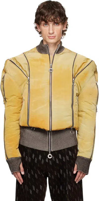 Charlie Constantinou Yellow Adjustable Fit Bomber Jacket In Lime Green/brown
