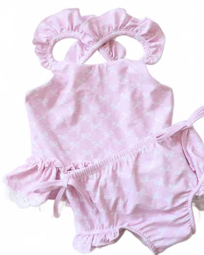 Charlies Project Kids' Girls Pink Bonnet Bows 2 Piece Swimsuit In Pink/ White