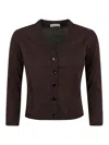 Charlott V-neck Button-down Sweater With Front Pockets In Brown