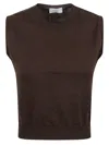 Charlott Fitted Round Neck Top With Ribbed Hem In Brown