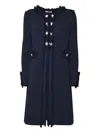Charlott Tailored Long Coat In Deep Navy Wool With Fringed Trim In Blue