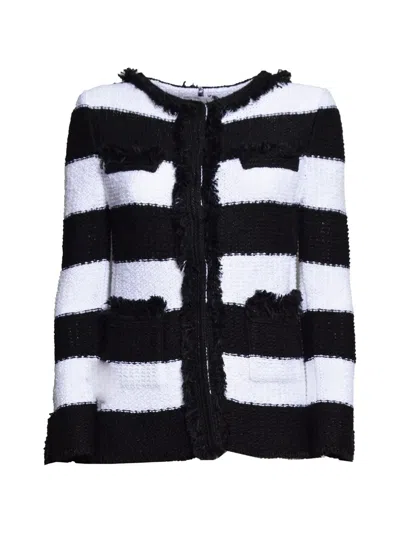 Charlott Striped Fringed-trim Tweed Jacket In Black