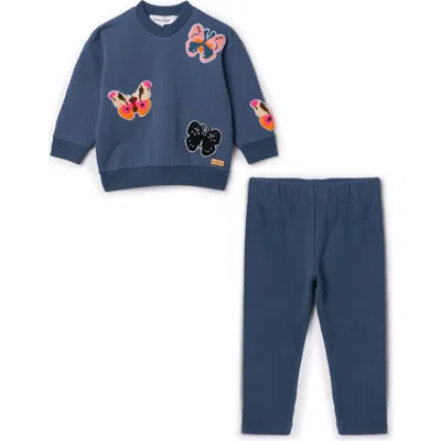 Charlotte & George Babies'  Butterfly Hook Stitch Set French Fleece Top And Leggings Set In Blue