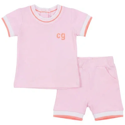 Charlotte & George Babies'  Contrast Trim 2 Piece Short Sleeve And Short Set In Pink