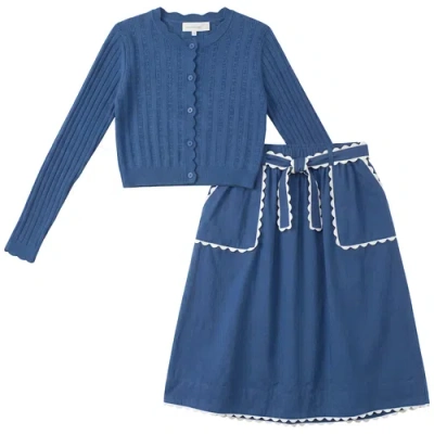 Charlotte & George Kids'  Contrast Trim Cardigan And Skirt Set In Blue