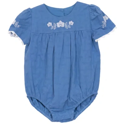 Charlotte & George Babies'  Criss Cross Flower Embroidered Cotton Bubble Romper In Blue