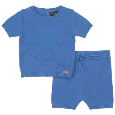 Charlotte & George Babies'  Diamond Knit 2 Piece Short Sleeve Top And Shorts Set In Blue