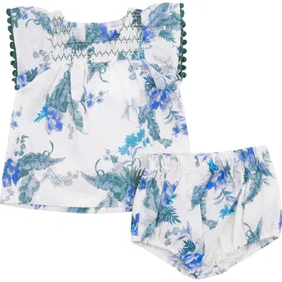 Charlotte & George Babies'  Floral Print Smocked Top And Bloomers Set In Blue