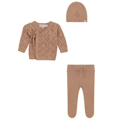 Charlotte & George Kids'  Pointelle Knit 3 Piece Top, Pants And Hat Set In Brown
