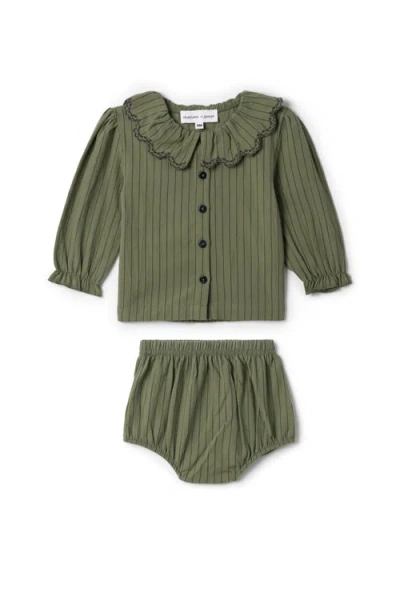 Charlotte & George Babies'  Woven Striped Cotton Long Sleeve Top And Bottom Set In Green