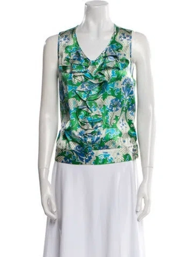 Pre-owned Charlotte Brody Printed V-neck Top In Green
