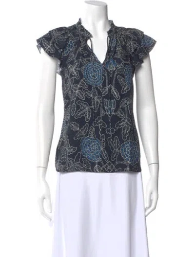 Pre-owned Charlotte Brody Silk Floral Print Blouse In Blue