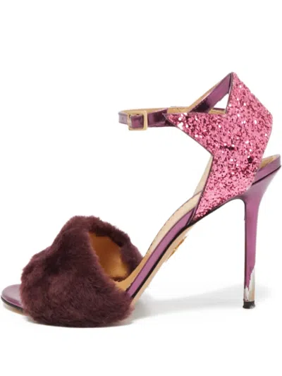 Pre-owned Charlotte Olympia 110mm Fur Glitter Sandals In Purple