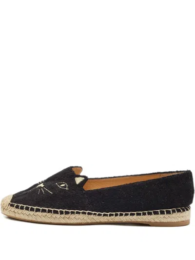 Pre-owned Charlotte Olympia 2024 Kitty Embroidered Espadrilles In Black