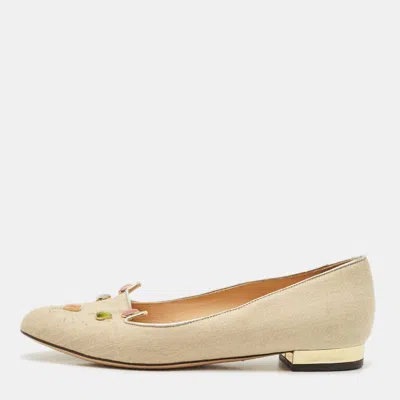 Pre-owned Charlotte Olympia Beige Canvas Smoking Slippers Size 37 In Sand