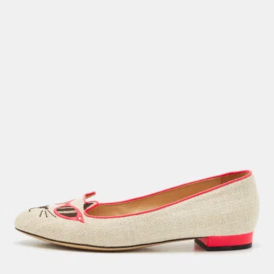 Pre-owned Charlotte Olympia Beige Canvas Smoking Slippers Size 38
