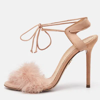 Pre-owned Charlotte Olympia Beige Leather And Fur Trim Salsa Ankle Strap Sandals Size 37.5
