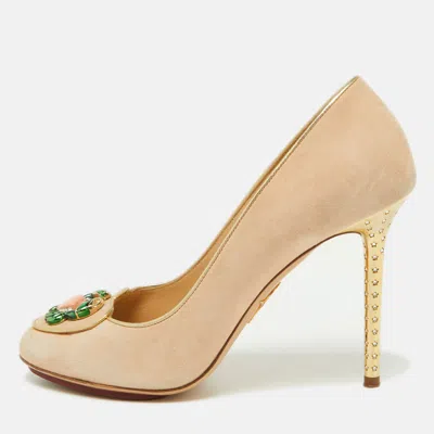 Charlotte Olympia Beige Suede Birthday Zodiac Cancer Pump Size 38.5 In Neutral