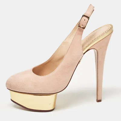 Charlotte Olympia Beige Suede Platform Slingback Pumps