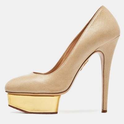 Pre-owned Charlotte Olympia Beige/gold Karung Leather Dolly Platform Pumps Size 39