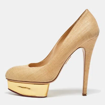 Charlotte Olympia Beige/gold Raffia And Leather Dolly Platform Pumps In Neutral